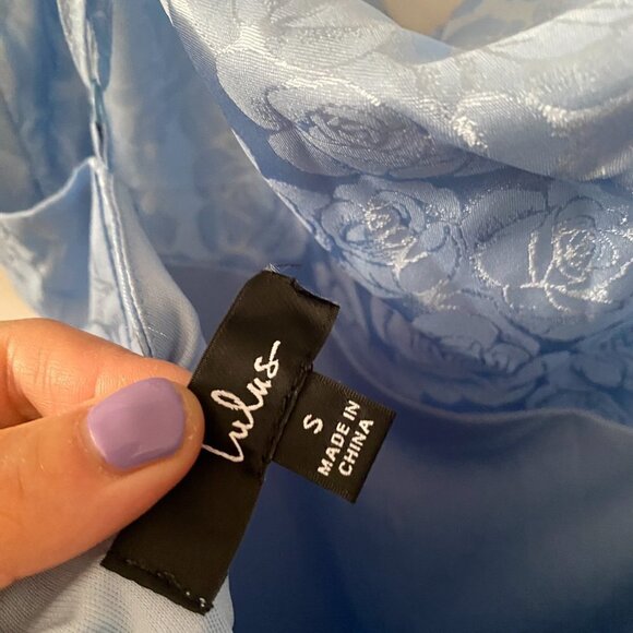 🦋 NWOT LULUS You're My Type Light Blue Satin Floral Jacquard Midi Slip Dress - Picture 5 of 5
